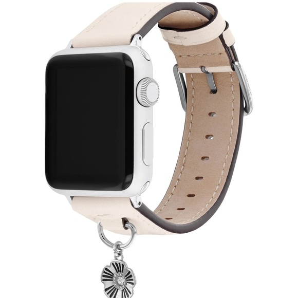 Coach Women's Leather Apple Watch Strap: Chalk White With Silver Tea Rose Charm - Picture 3 of 6